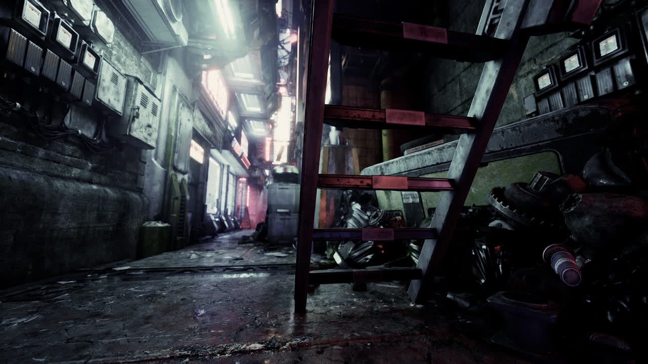 Vicolo cyberpunk oscuro e squallido