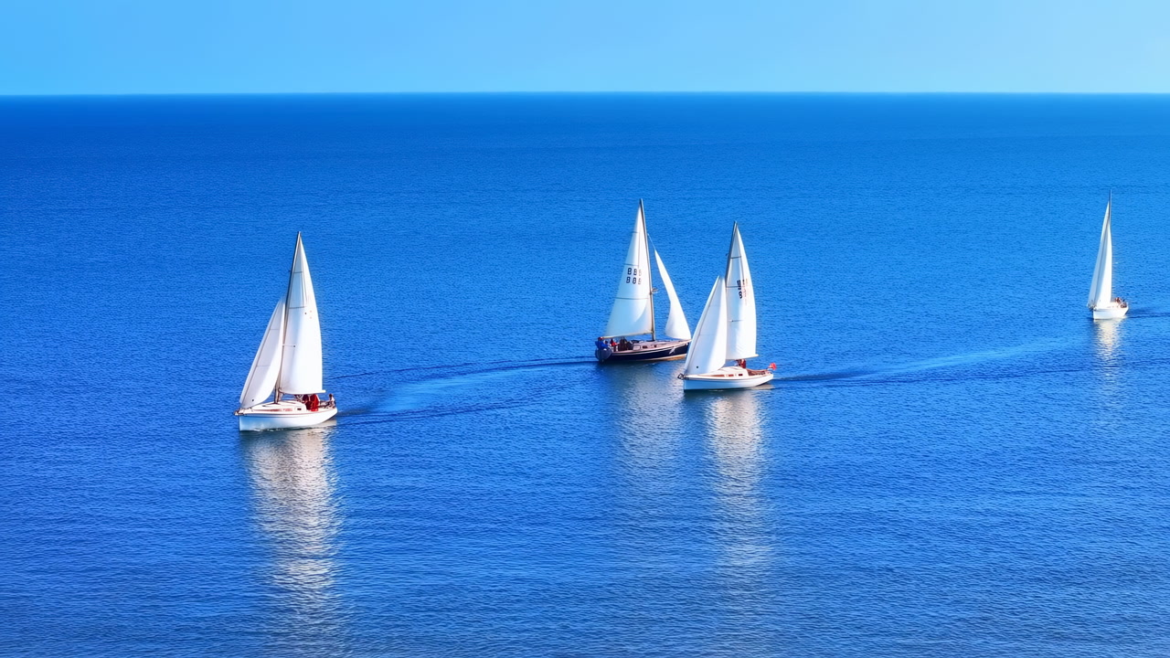 Blue Ocean Sailboats Gliding In Unison, Sunlit Sails Casting Reflections Across Glassy Water, Skipper Guiding