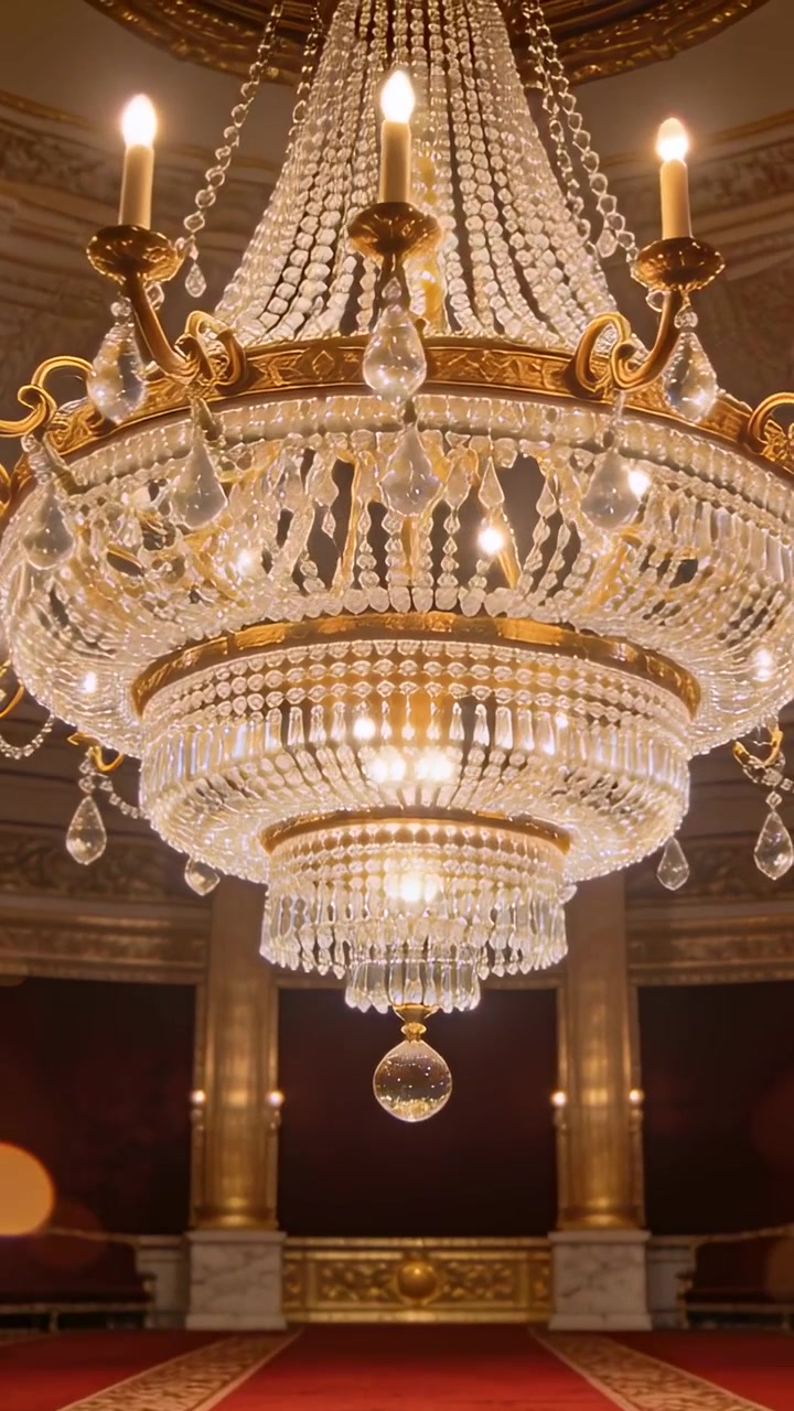 Video verticale: Telecamera in panning che si avvicina a un lampadario di cristallo in una sala di palazzo rivelando bracci dorati.