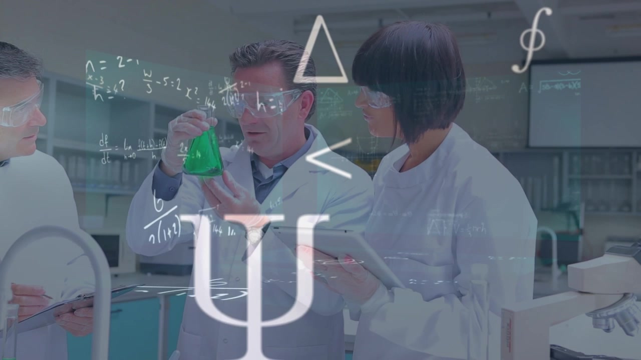 Animation af matematiske ligninger og symboler over forskellige videnskabsfolk i et laboratoriebybillede