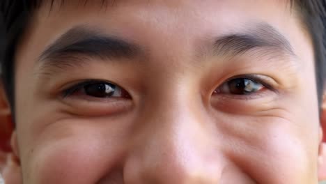 close-up asian young man eyes looking at camera, macro closeup.
