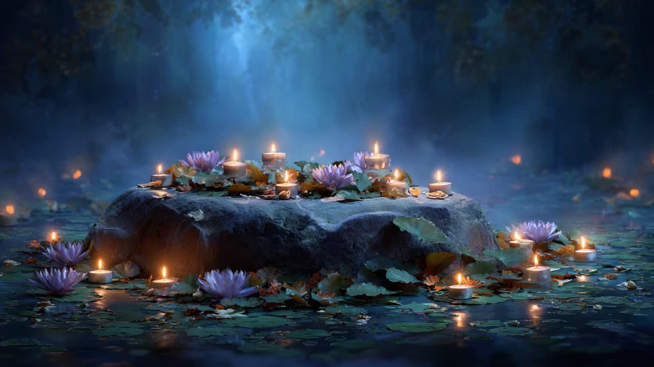 Una serena scena crepuscolare con fiori di loto illuminati su una pietra in un tranquillo laghetto, circondata da candele che brillano dolcemente in una foresta lussureggiante