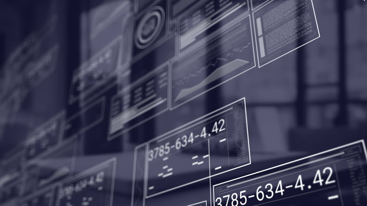 Animation of financial data processing over desk in office