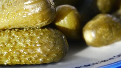 close-up of pickled cucumbers