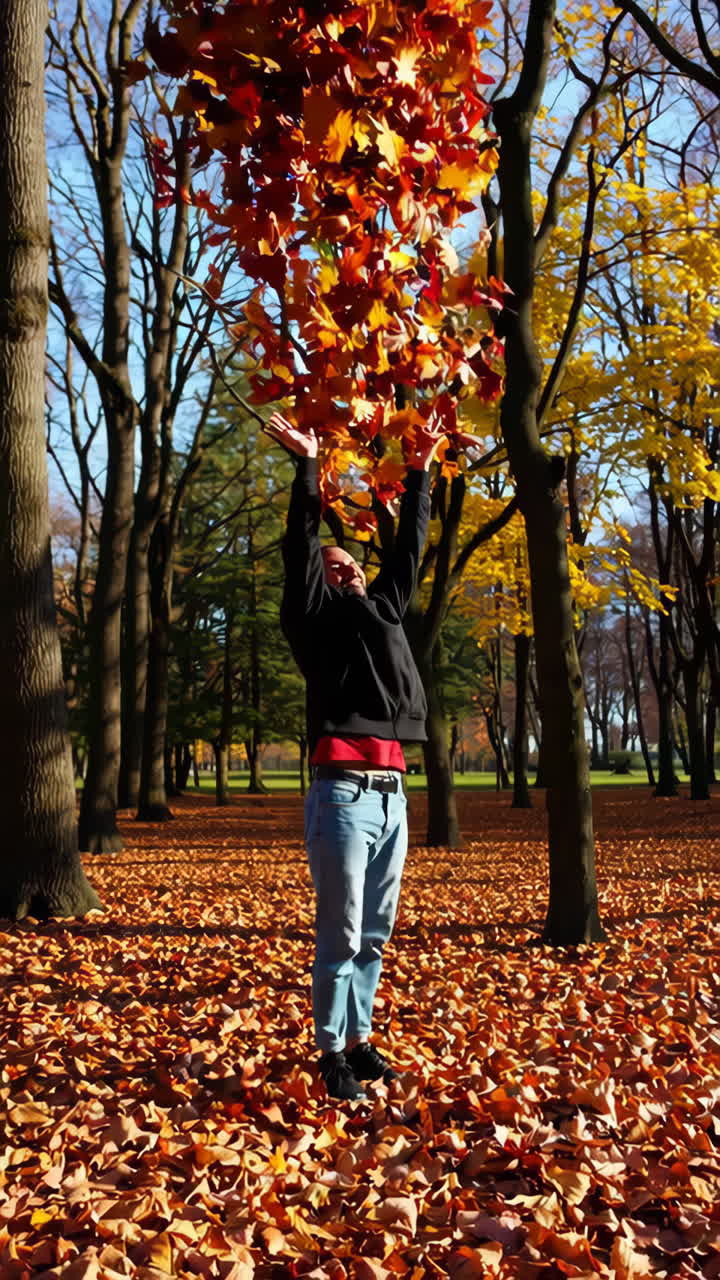 Person throwing autumn leaves in a park