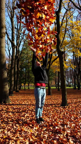 person throwing autumn leaves in a park