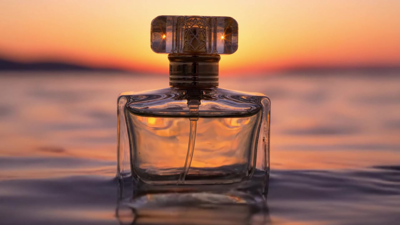 Un'Accattivante Bottiglia di Profumo Risplende Contro un Tramonto Vibrante, Riflettendo i Colori del Crepuscolo nelle Acque Tranquille, Evocando un Senso di Calma e Serenità