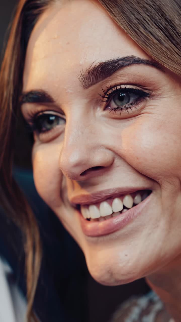 Close-up video still of a smiling woman in soft focus, capturing a candid moment