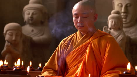 buddhist monk meditating amidst candles and statues