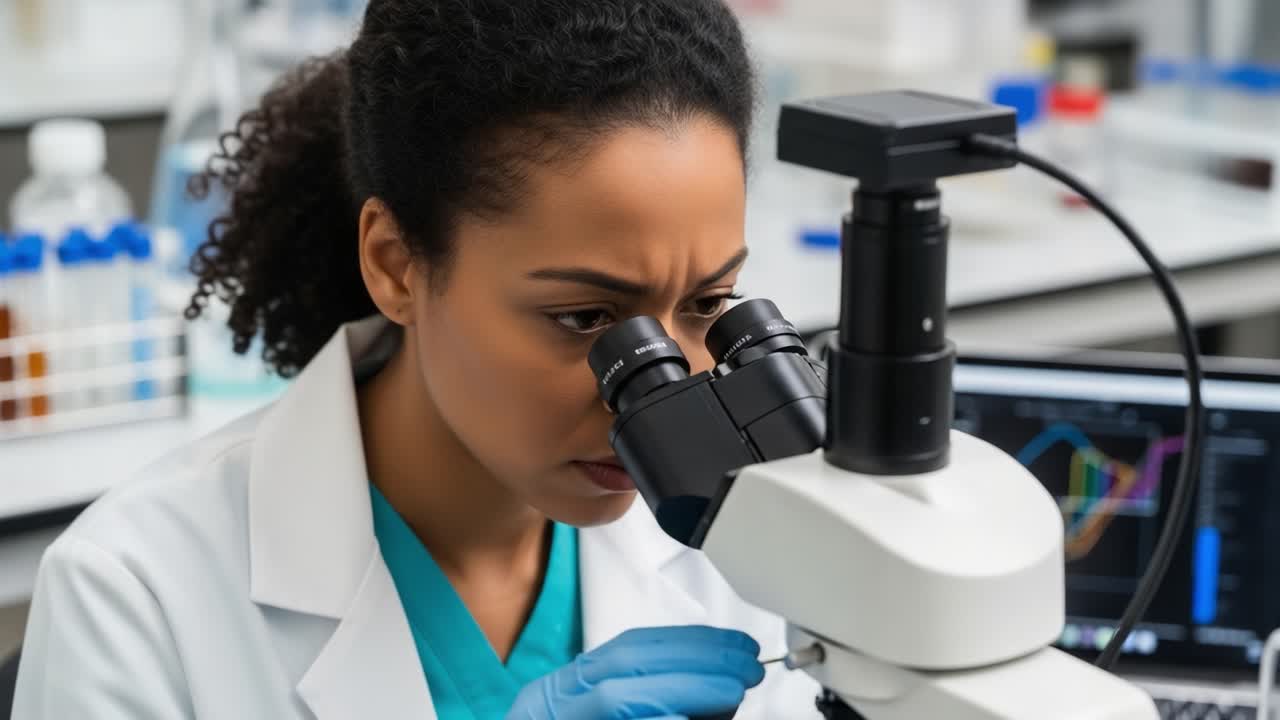 Focused Scientist Analyzing Samples Under a Microscope in a Laboratory Setting, Demonstrating Precision and Dedication in Scientific Research