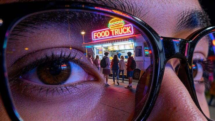 Watching woman with black glasses checking friends waiting by neon FOOD TRUCK, reflecting backpacks