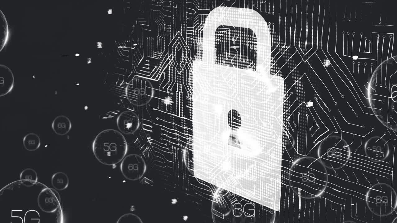 Digital padlock and 5G symbols on circuit board, highlighting cybersecurity concept