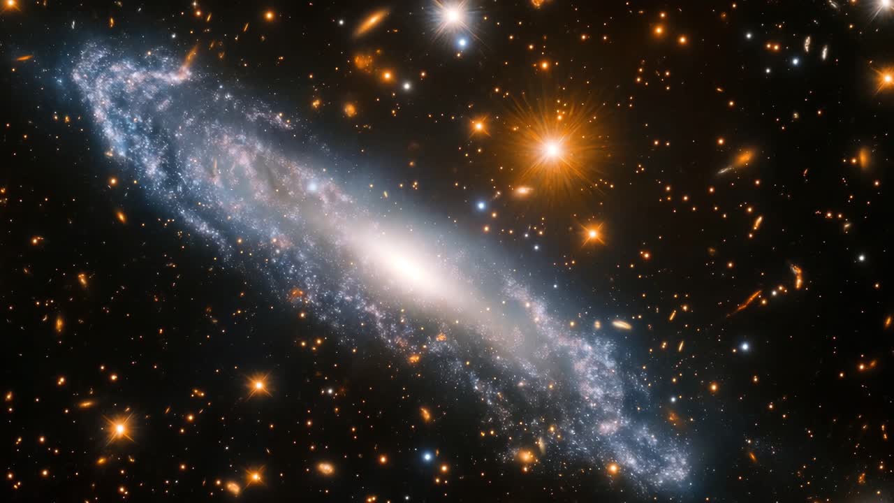 Una scena video cosmica con una galassia a spirale circondata da stelle, ripresa con grandangolo