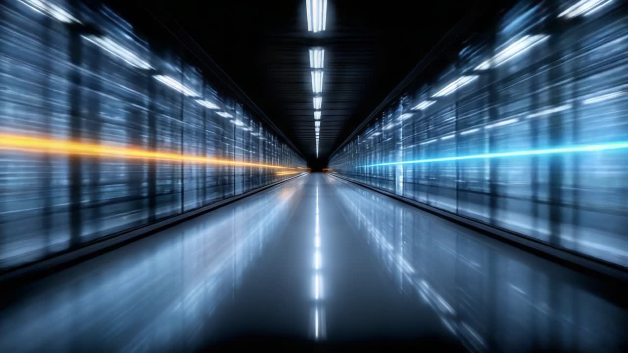 Un data center futuristico visualizzato come un corridoio di luce e tecnologia, che presenta un'estetica snella e connessioni ad alta velocità in un ambiente digitale.