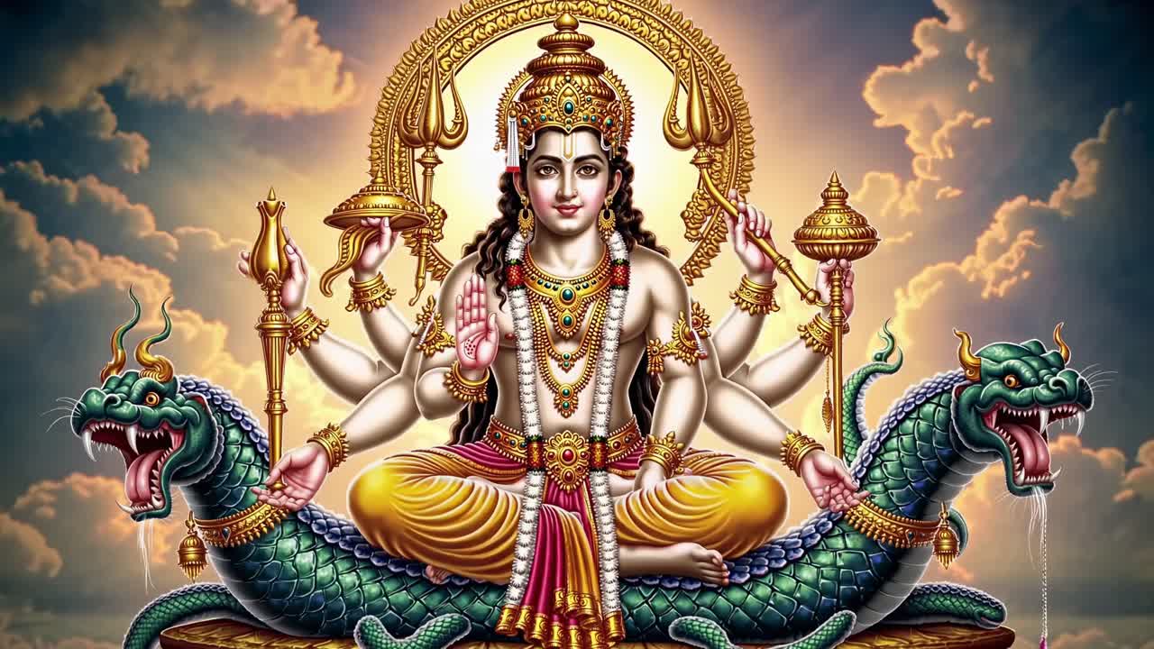 Vibrant digital artwork of a multi-armed deity seated on serpents, viewed from a low angle