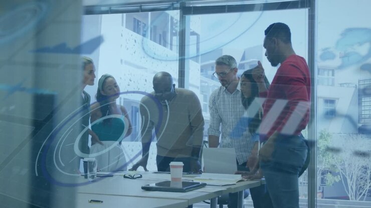 Animation of financial data processing over diverse business people in office