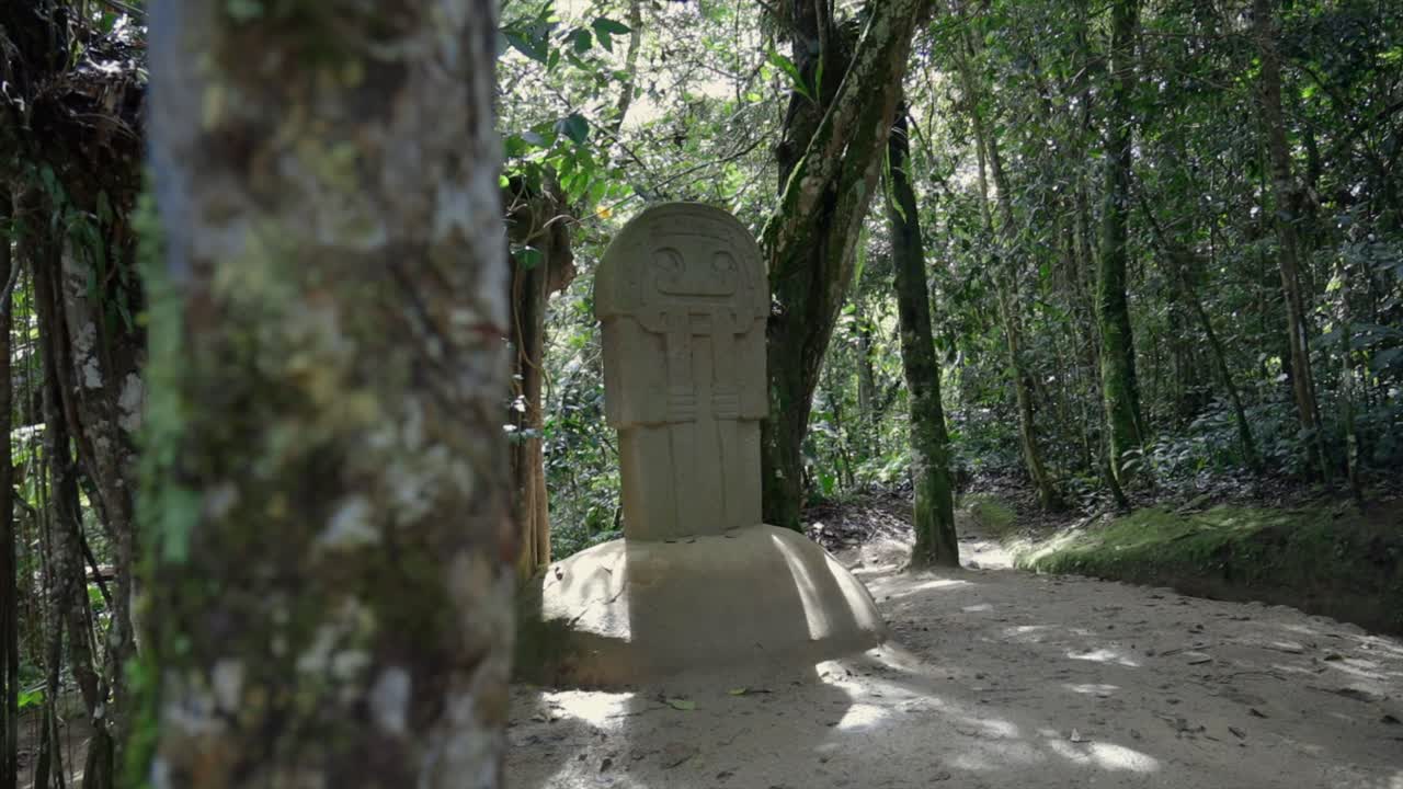Stone figurines in San Agustin surrounded by lush forest, ancient ceremonial traditions, reveal past weathered tree in understory of canopy