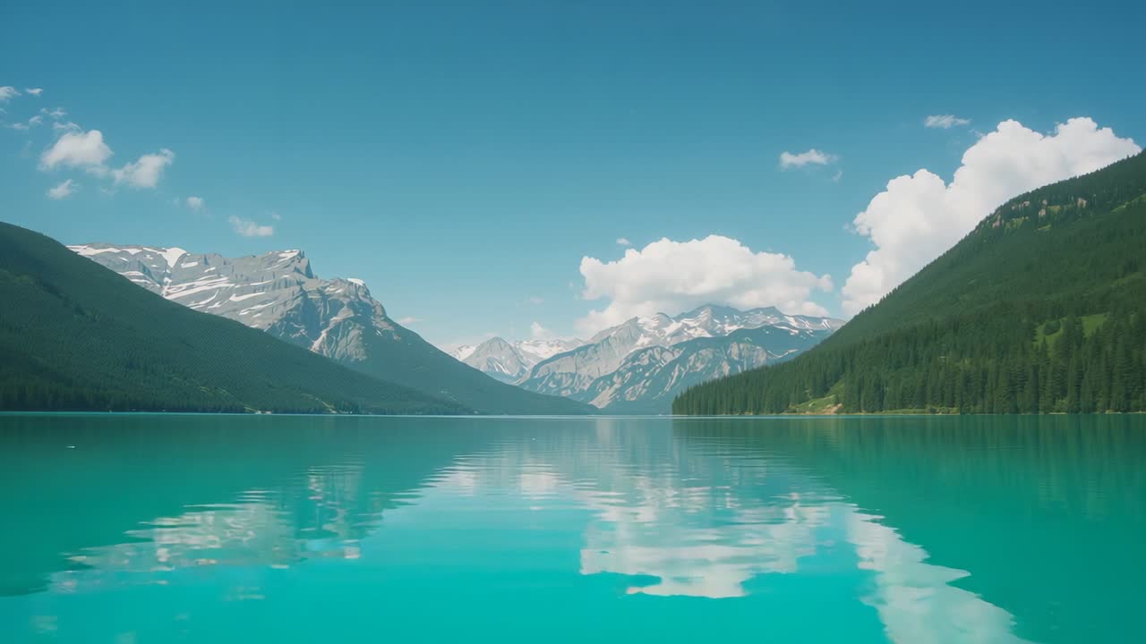 Turquoise alpine lake shimmering in mountain valley, with rippling reflections of peaks and clouds