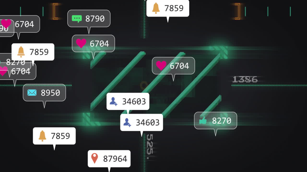 Floating social media notification badges hovering over UI glowing neon green bars streaming data
