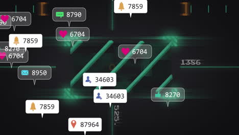 floating social media notification badges hovering over ui glowing neon green bars streaming data