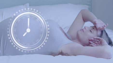 clock with fast moving hands over happy pregnant caucasian woman lying on bed resting