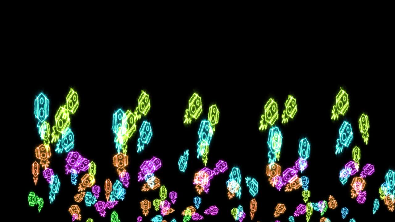 Rainbow big and small rockets slow flying on black screen