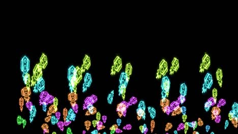 rainbow big and small rockets slow flying on black screen