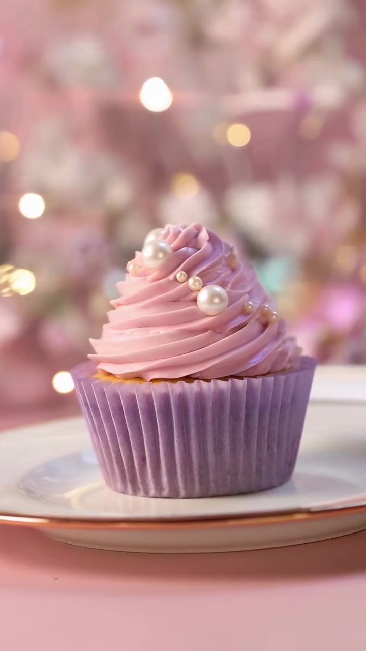 Primo piano di un cupcake rosa decorato con perle commestibili.