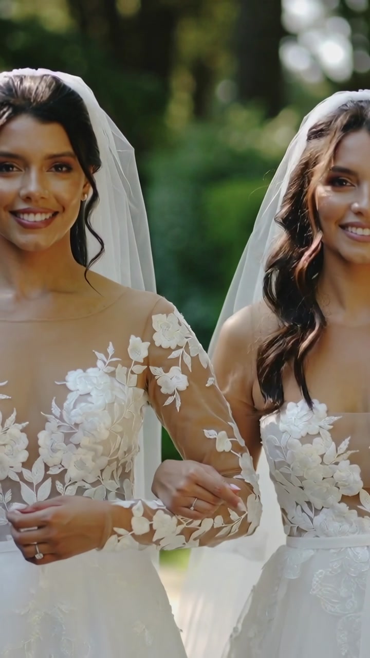 Vertical video: Smiling two brides walking linked along sunny garden path, showing gowns veils ring
