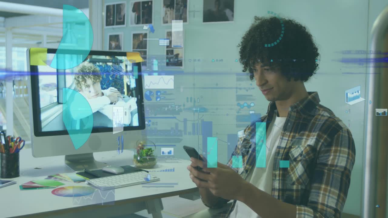 Animation of data processing over african american men using smartphone