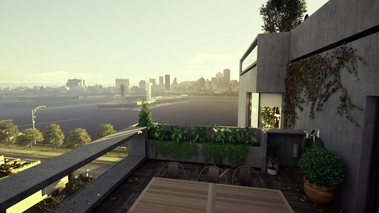 Urban balcony view with plants overlooking city skyline at sunset