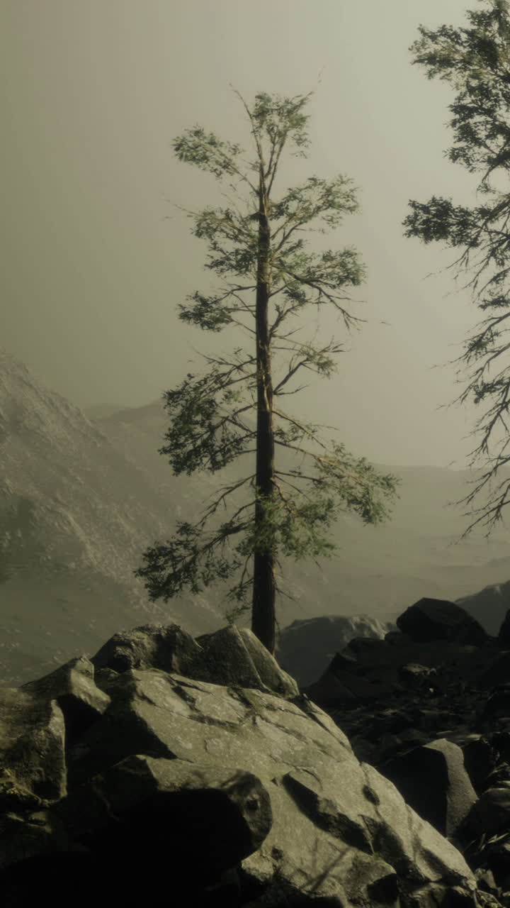 Misty landscape with tall trees and rocky terrain under a hazy sky