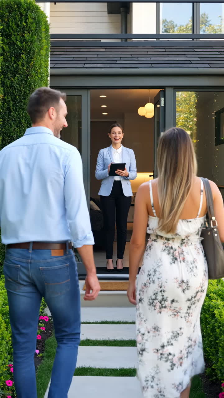 Agente inmobiliario da la bienvenida a una pareja a una visita de casa
