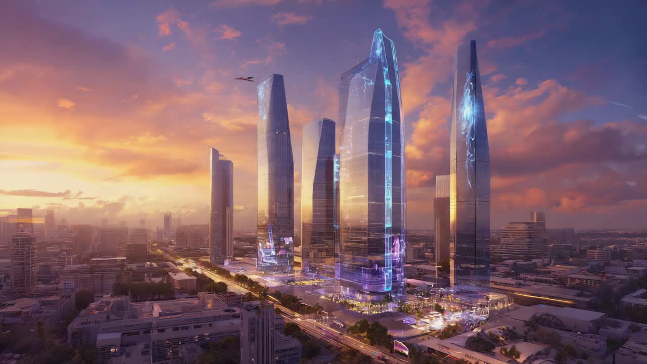 paisaje urbano futurista al atardecer