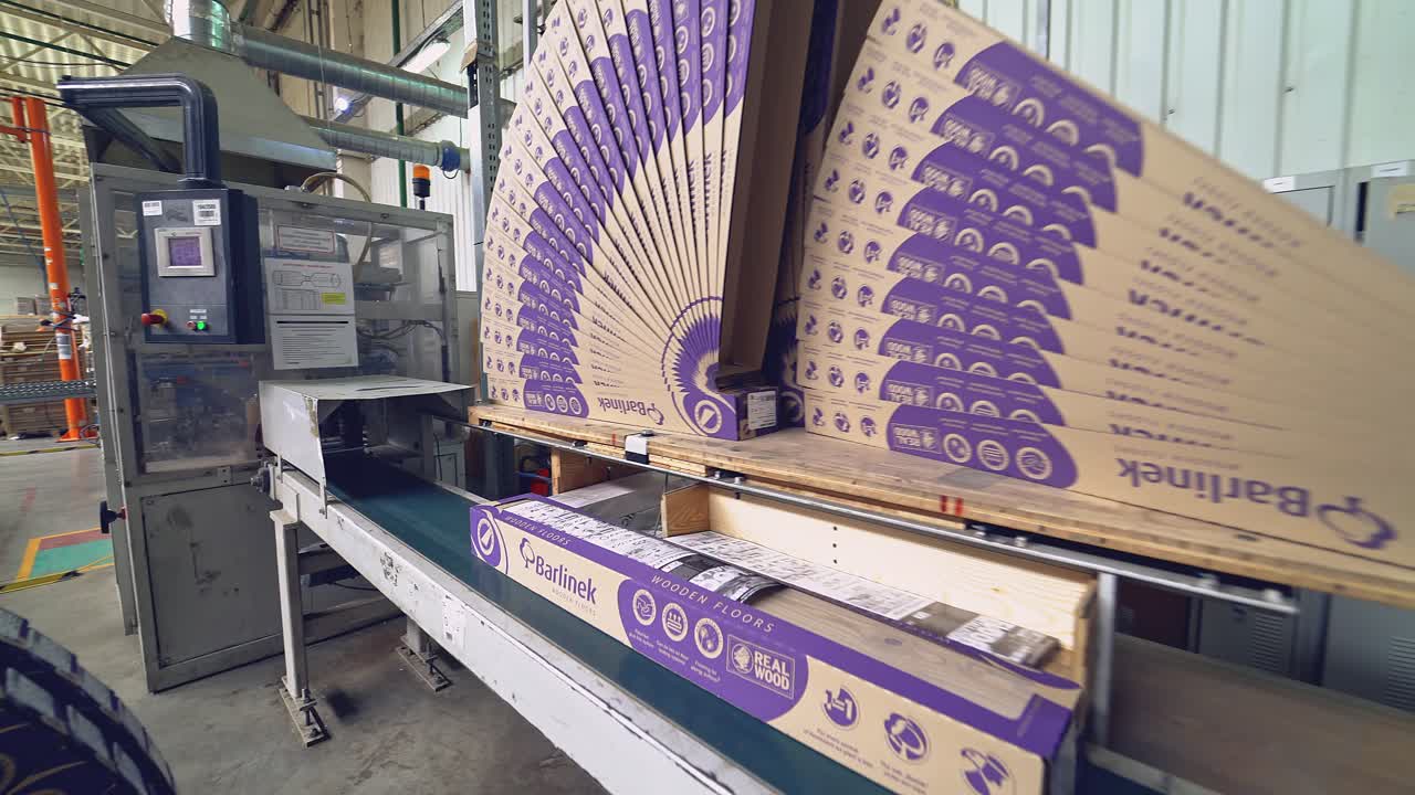 Industrial equipment for the production of laminate. Furniture factory production line. The factory for the production of laminate.