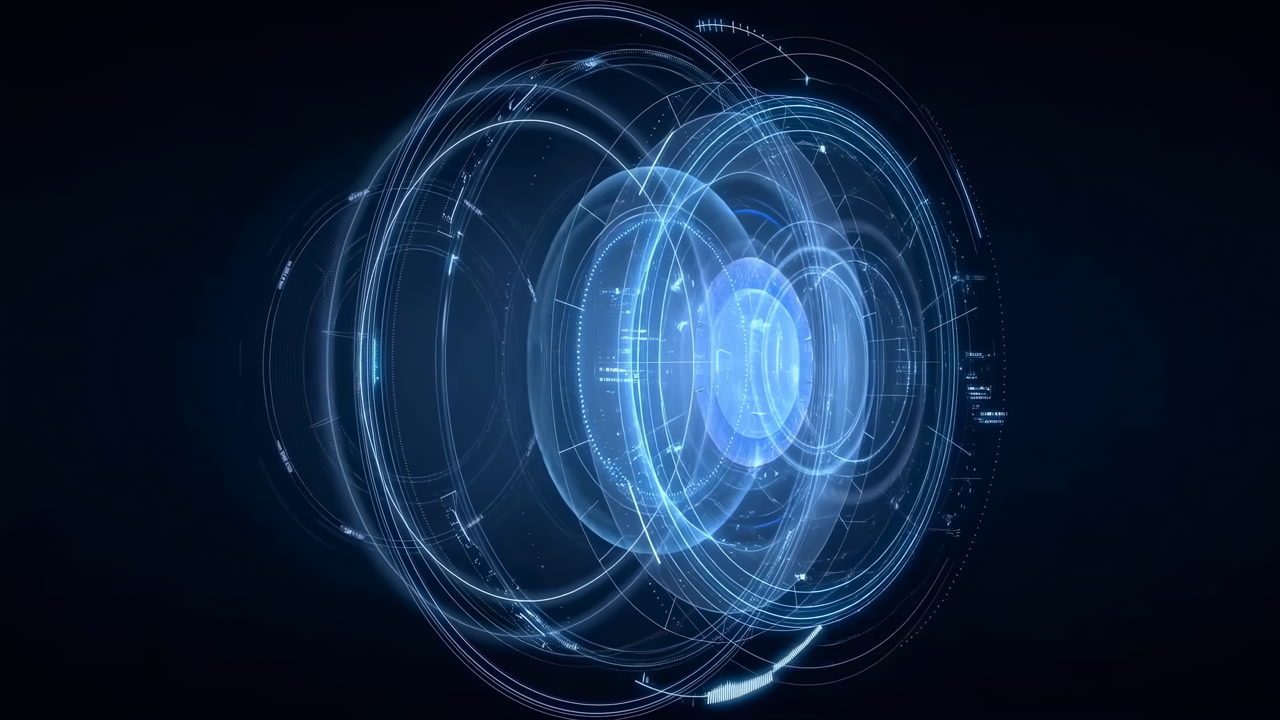 Rotating Blue Holographic Interface Core Orbiting In Dark Space, Concentric Rings And Pulsing Circuits Create