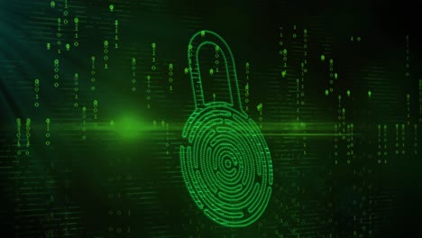 animación del candado de seguridad de huellas dactilares biométricas en línea, codificación binaria y procesamiento de datos