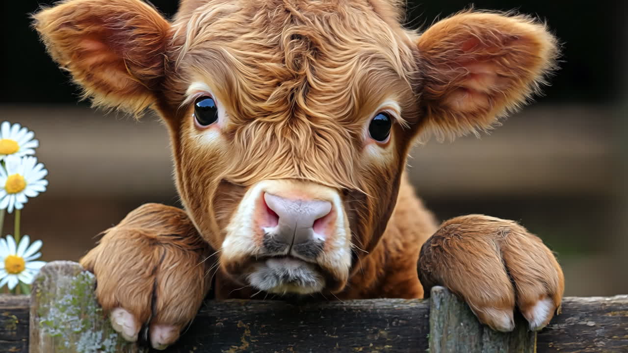A baby cow is looking at the camera through a wooden fence. The fence is made of wood and has a few flowers growing on it