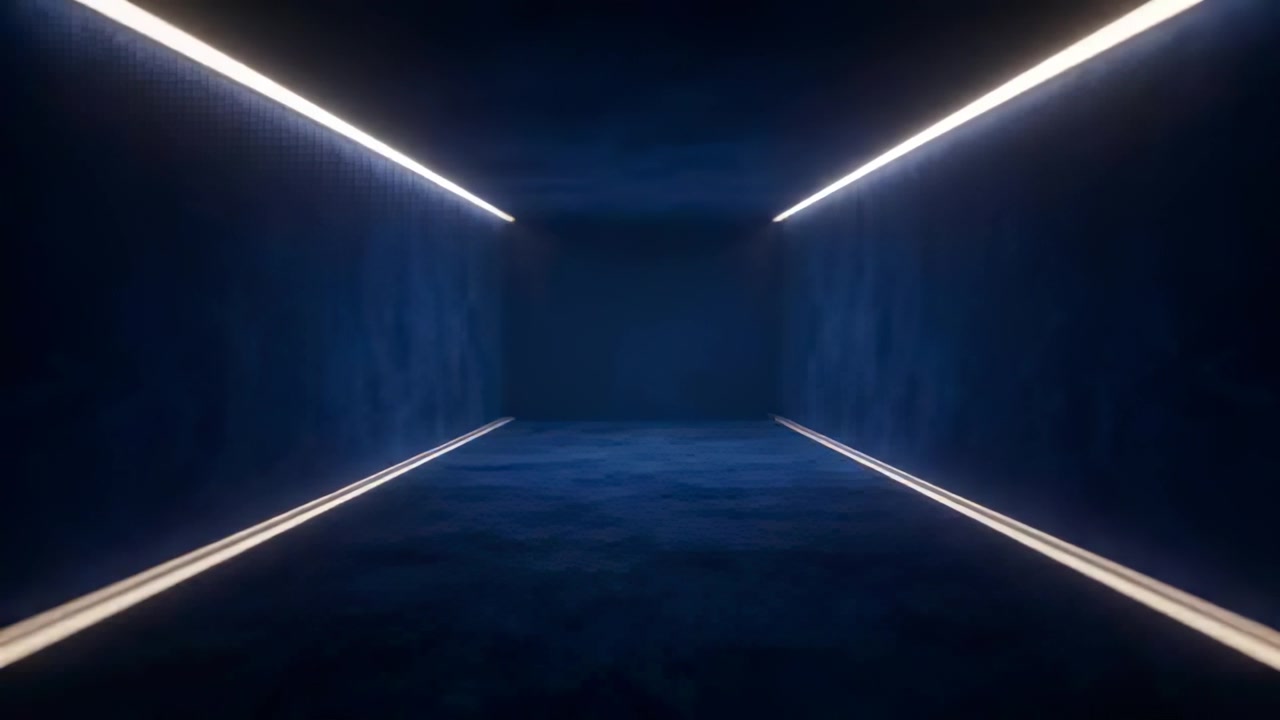 Glimtende LED-strips skaber subtile skyggeforskydninger i en centreret blå korridor, der understreger dybden.