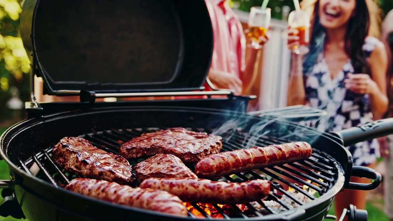 Amici che si godono un barbecue in giardino con carne e salsicce alla griglia