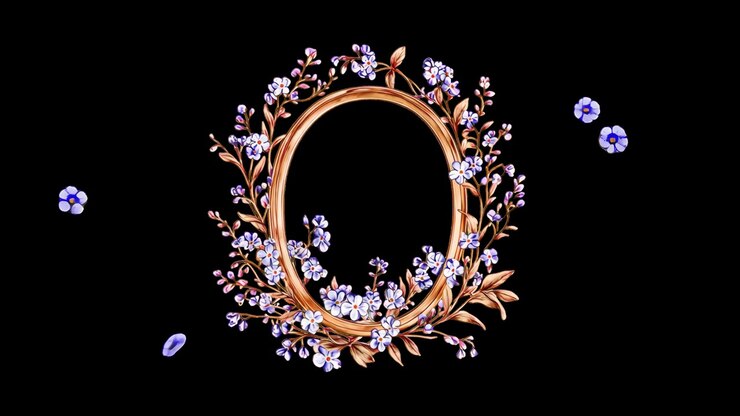 Golden Oval Frame Decorated with Floating Blue Flowers
