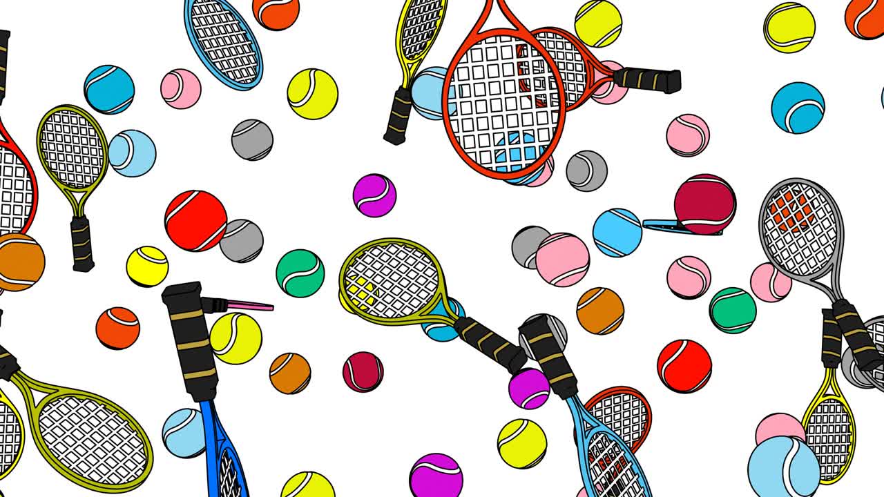 색 배경에 다채로운 테니스 공과 테니스 라켓을 그려 놓습니다.