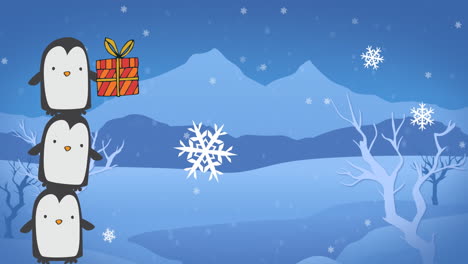 animation of snow falling and three penguins with christmas present over winter background