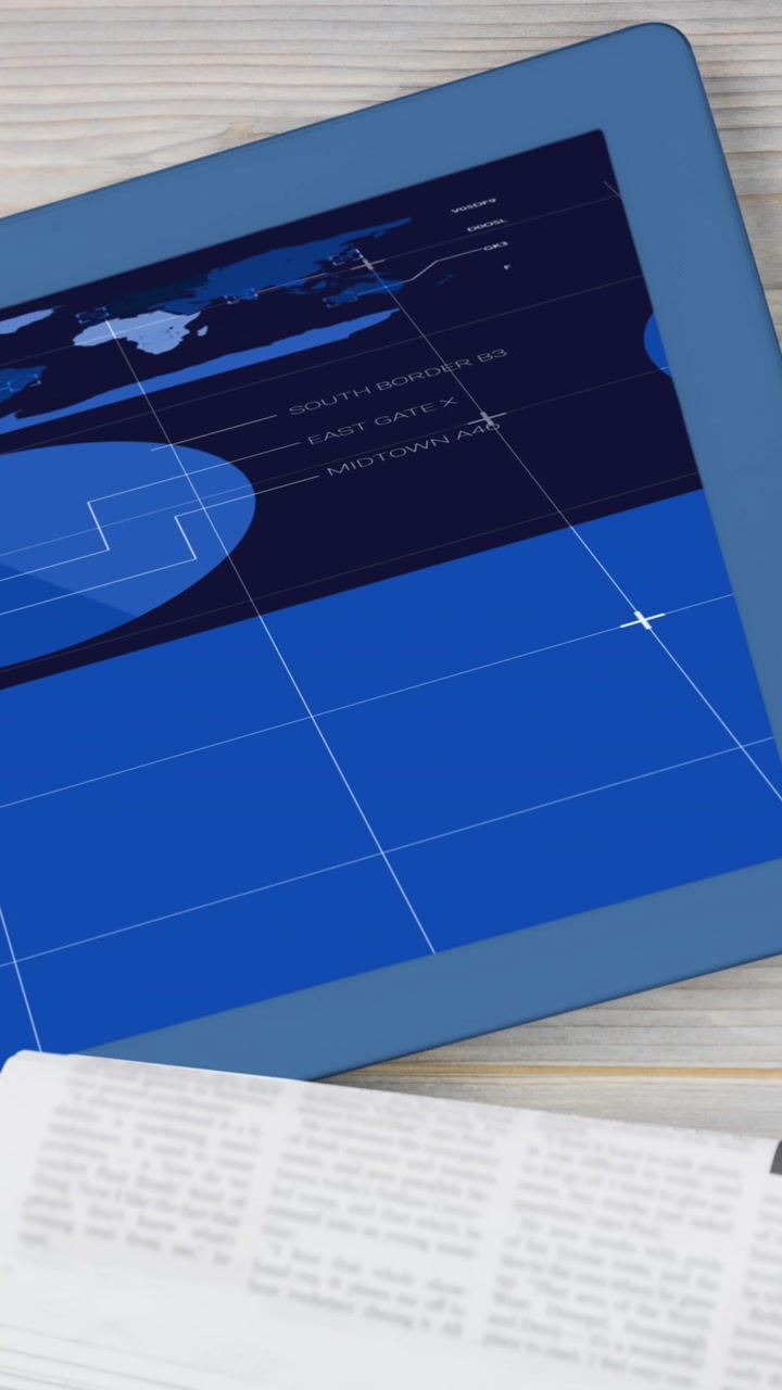 Statistical data processing on screens of digital table and smartphones on wooden surface