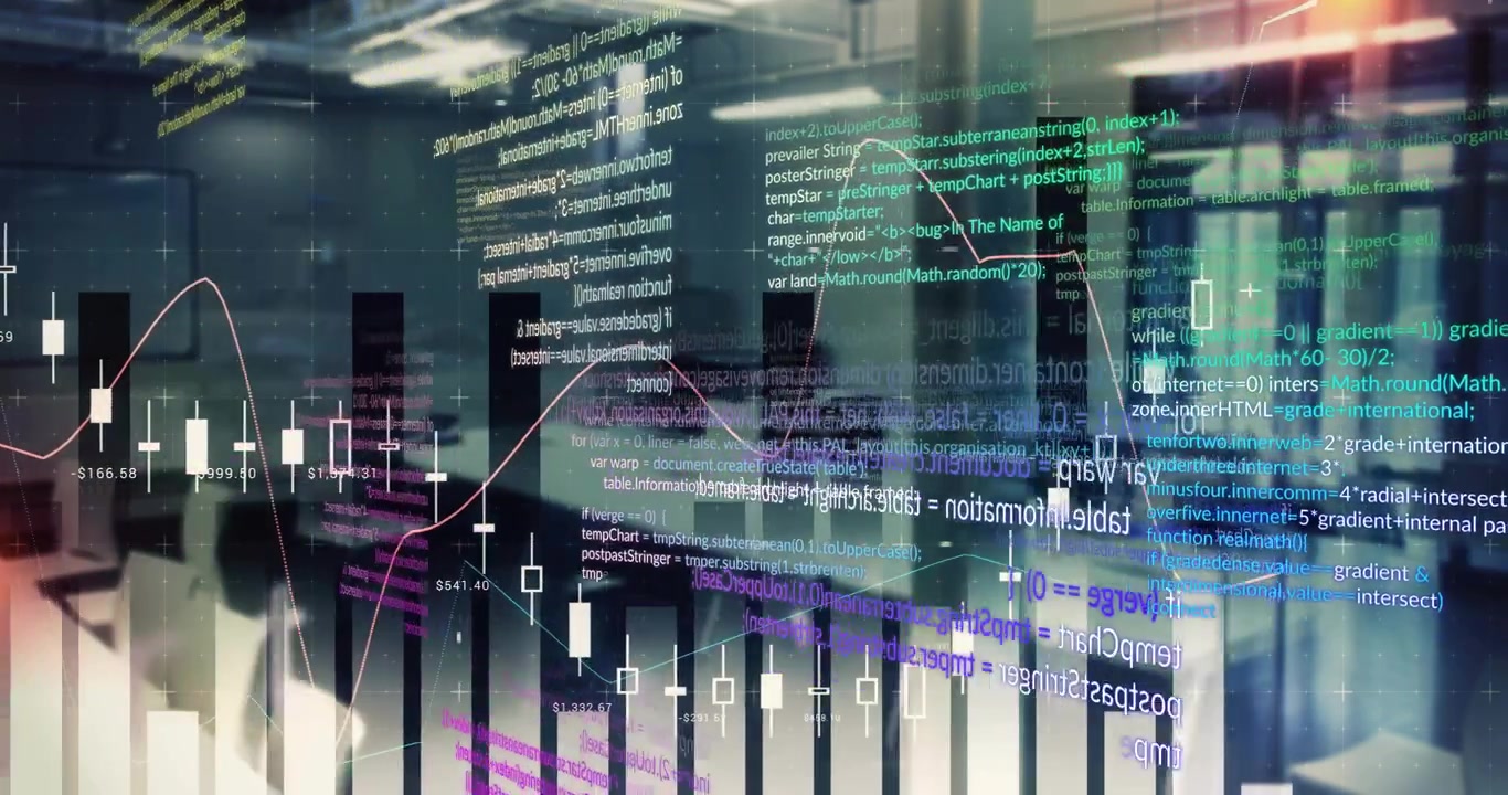 Data overlays animating as code blocks cascade, showing bars, candles, line visualizing market