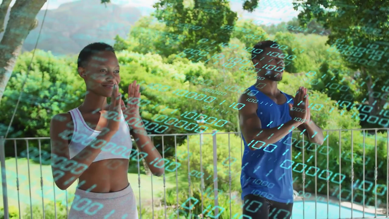 Two adults on balcony inhaling, raising hands into prayer for health, binary drifting across frame