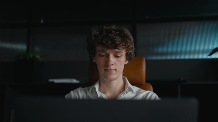 Close-up of a confident guy with curly hair in a white shirt working using a gray laptop while sitting at a table in the office