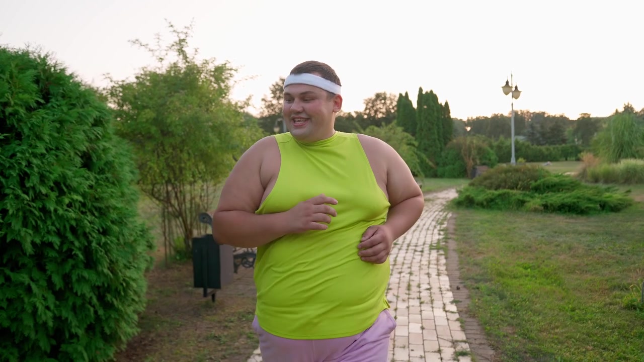 Uomo felice in sovrappeso che fa jogging in un parco
