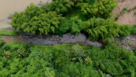 aerial top-down descending over creek of progo river, magelang in central java