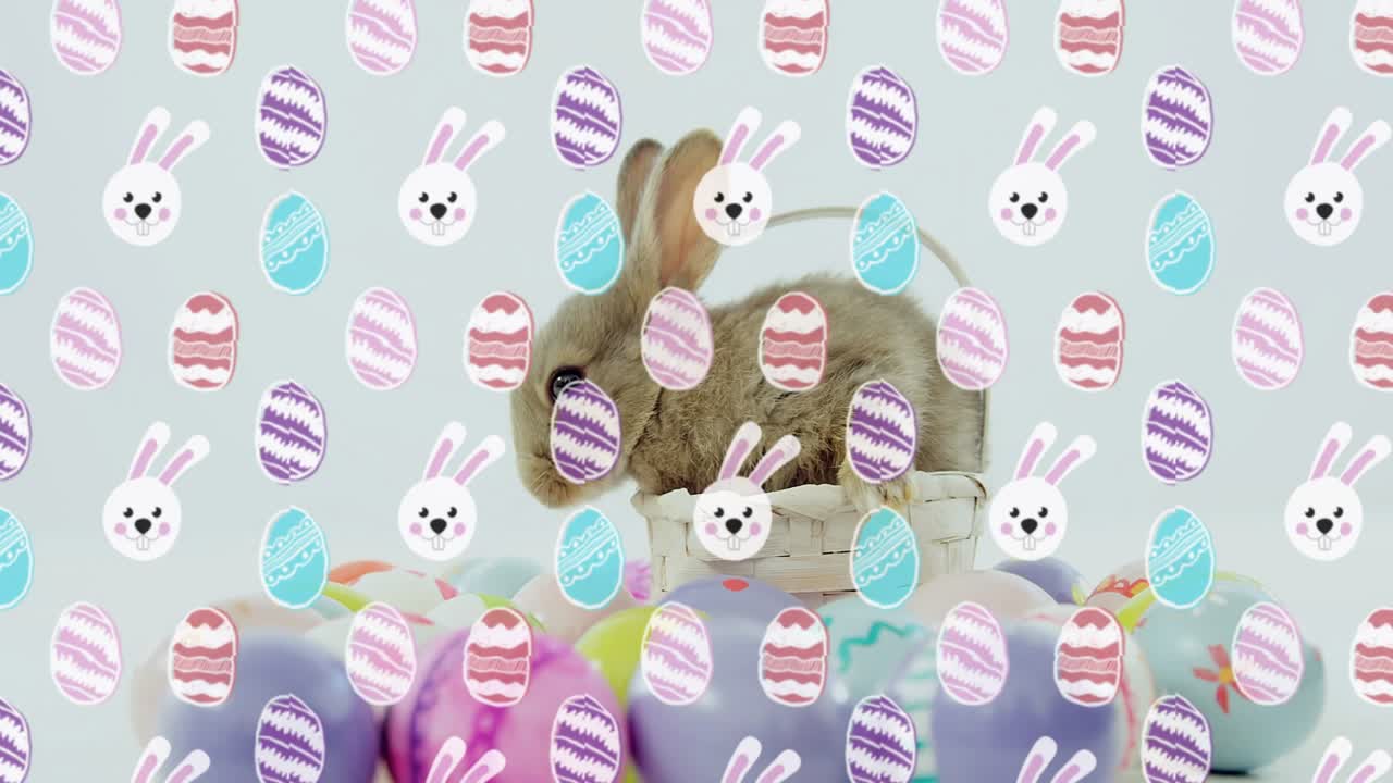Small brown rabbit lifting head after ear twitch, turning, sniffing pastel eggs behind overlay
